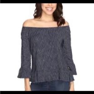 Anthropologie Sanctuary Off the Shoulder Blue/White Ruffle Top